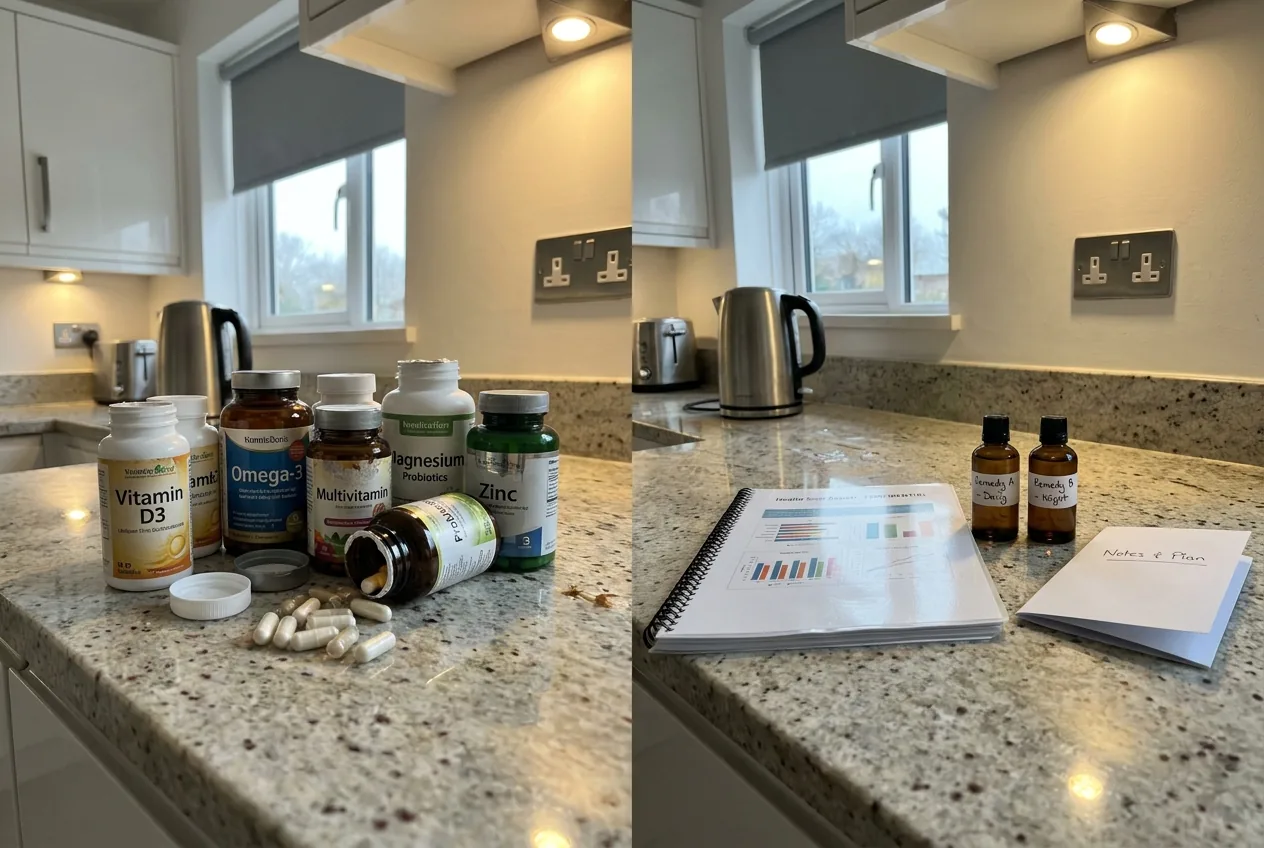 On the left, what £100 a month in supplements looks like after a few months. On the right, what a comprehensive root cause session sends you home with. Same worktop. Very different approaches to the same problem.