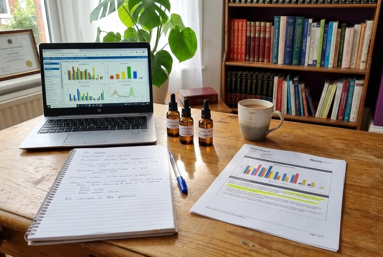 Scan data, case notes, bespoke remedies. This is what root cause investigation looks like on the desk. The sceptics who sit across from it are consistently the ones who refer the most people afterwards.