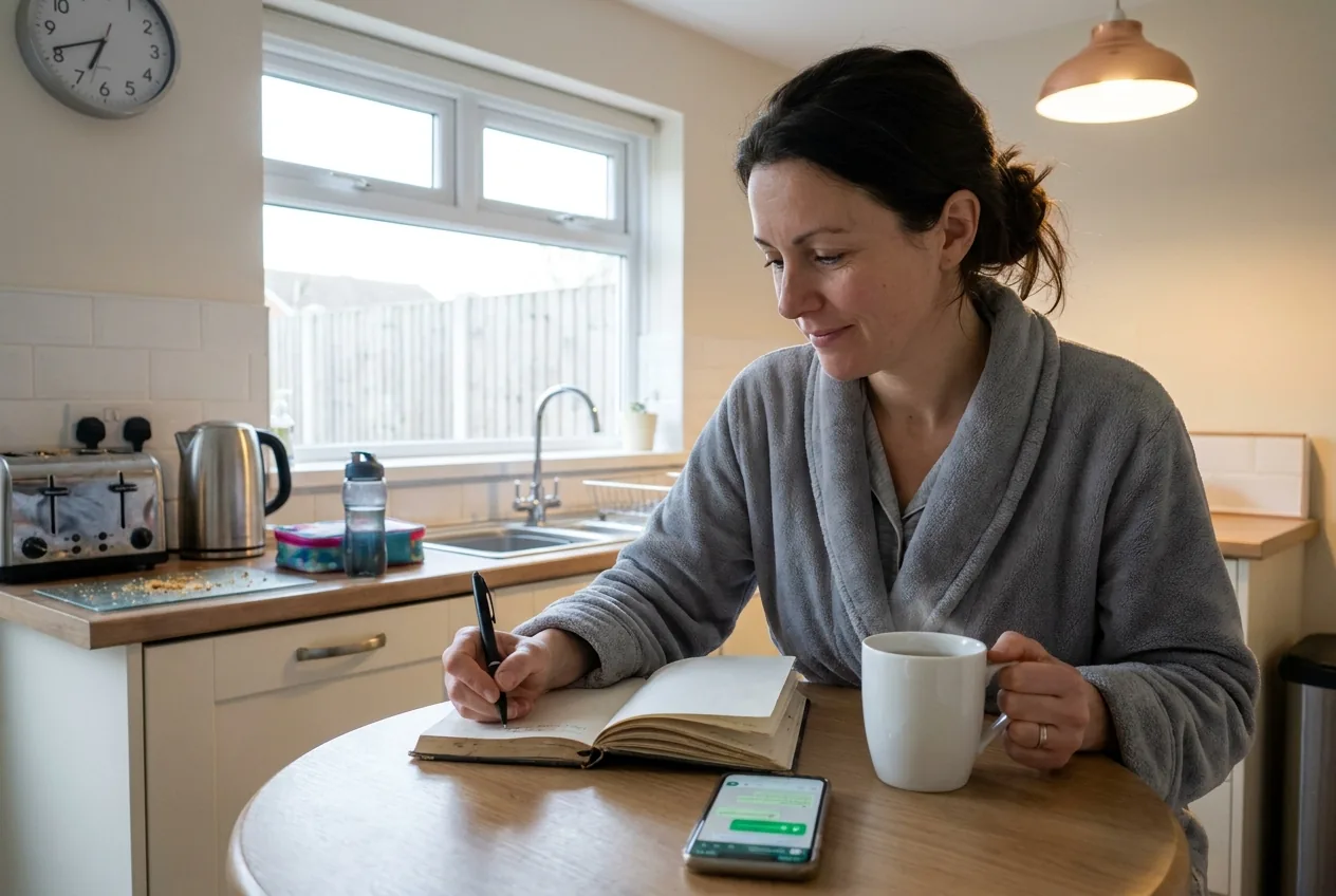 The homework isn't another impossible wellness ideal. It's fifteen minutes before the school run with a journal and a cup of tea. That's where the shifts take root.