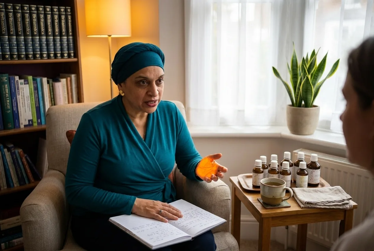 This is what a 90-minute consultation looks like in practice. Handwritten notes, bespoke remedies on the side table, no clock-watching. The session length and personalised remedy creation are the two biggest factors that separate a £400 appointment from an £80 one.