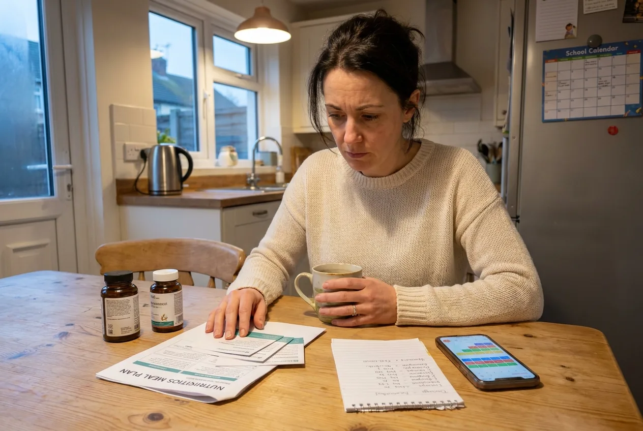 Three appointment cards, two supplement bottles, and a meal plan she's coordinating herself. Nobody asked whether the remedy and the gut protocol work together.